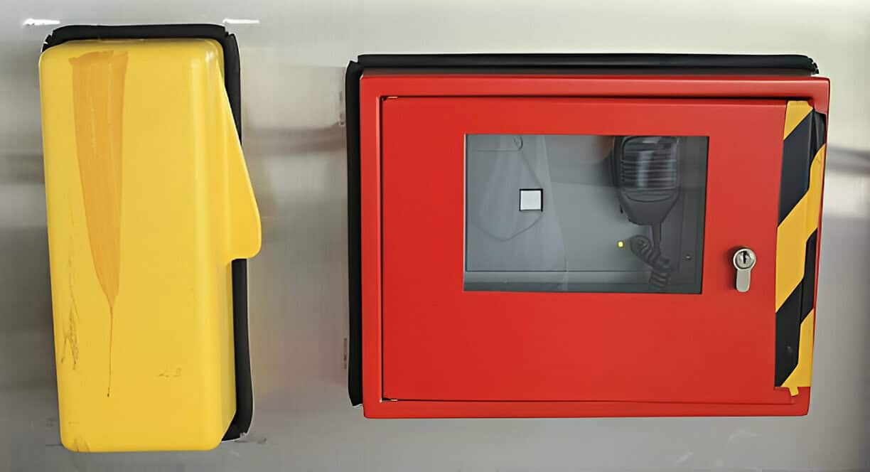 Recessed fire extinguisher cabinet installed flush in commercial wall