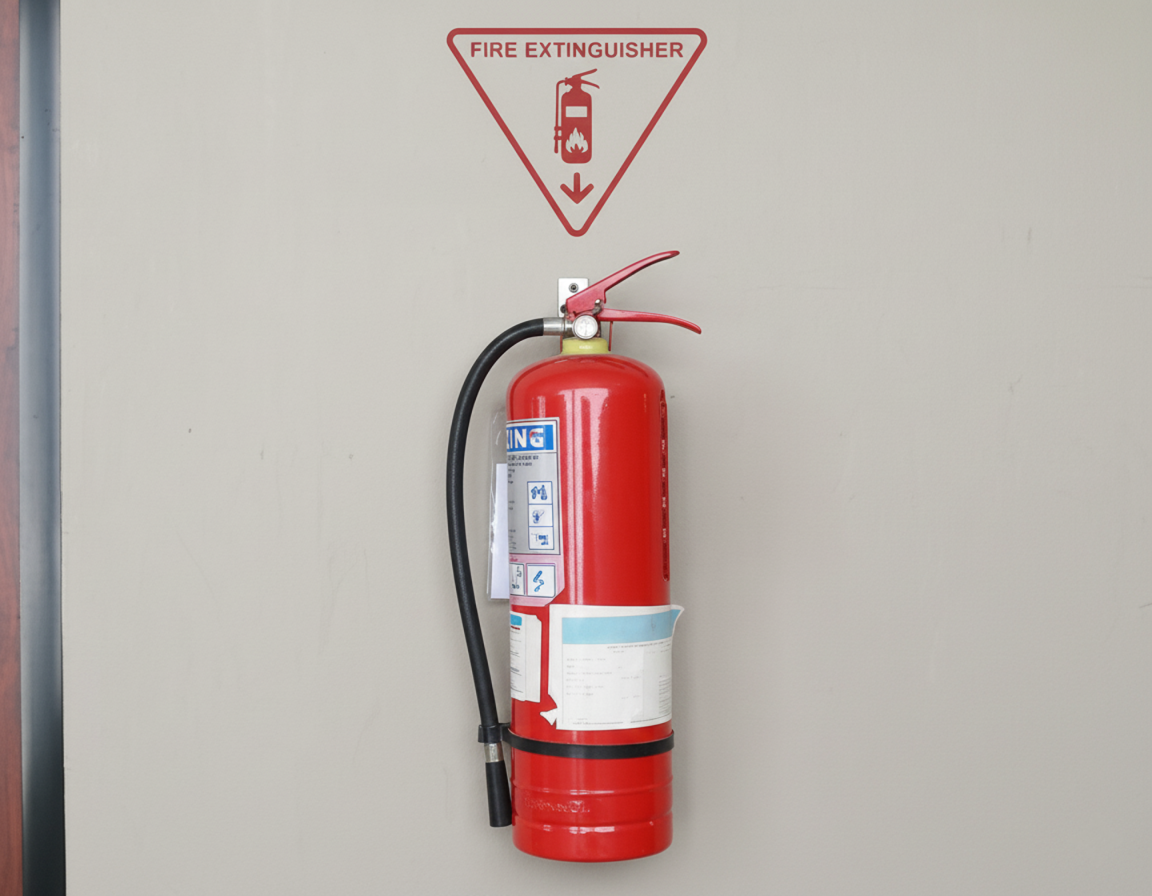 Wall-mounted red fire extinguisher displayed under a clearly marked fire extinguisher sign with a downward arrow - fire extinguisher symbols