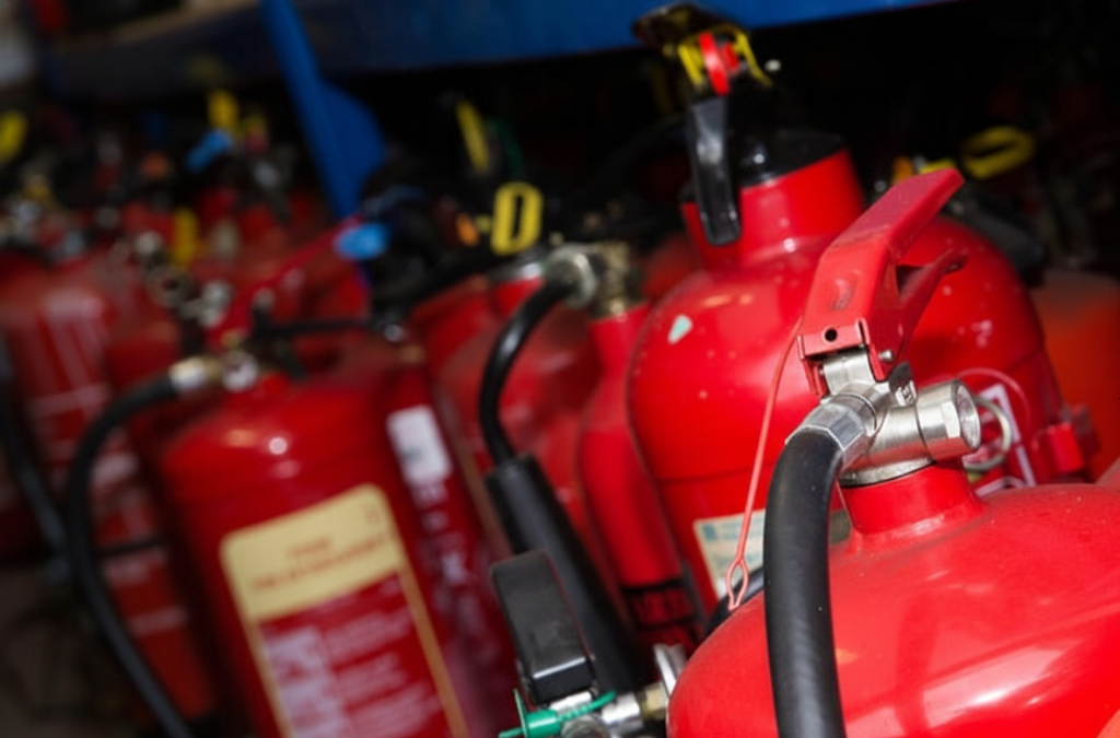 A row of red fire extinguishers stored in an industrial facility, ready for inspection and hydrostatic testing.